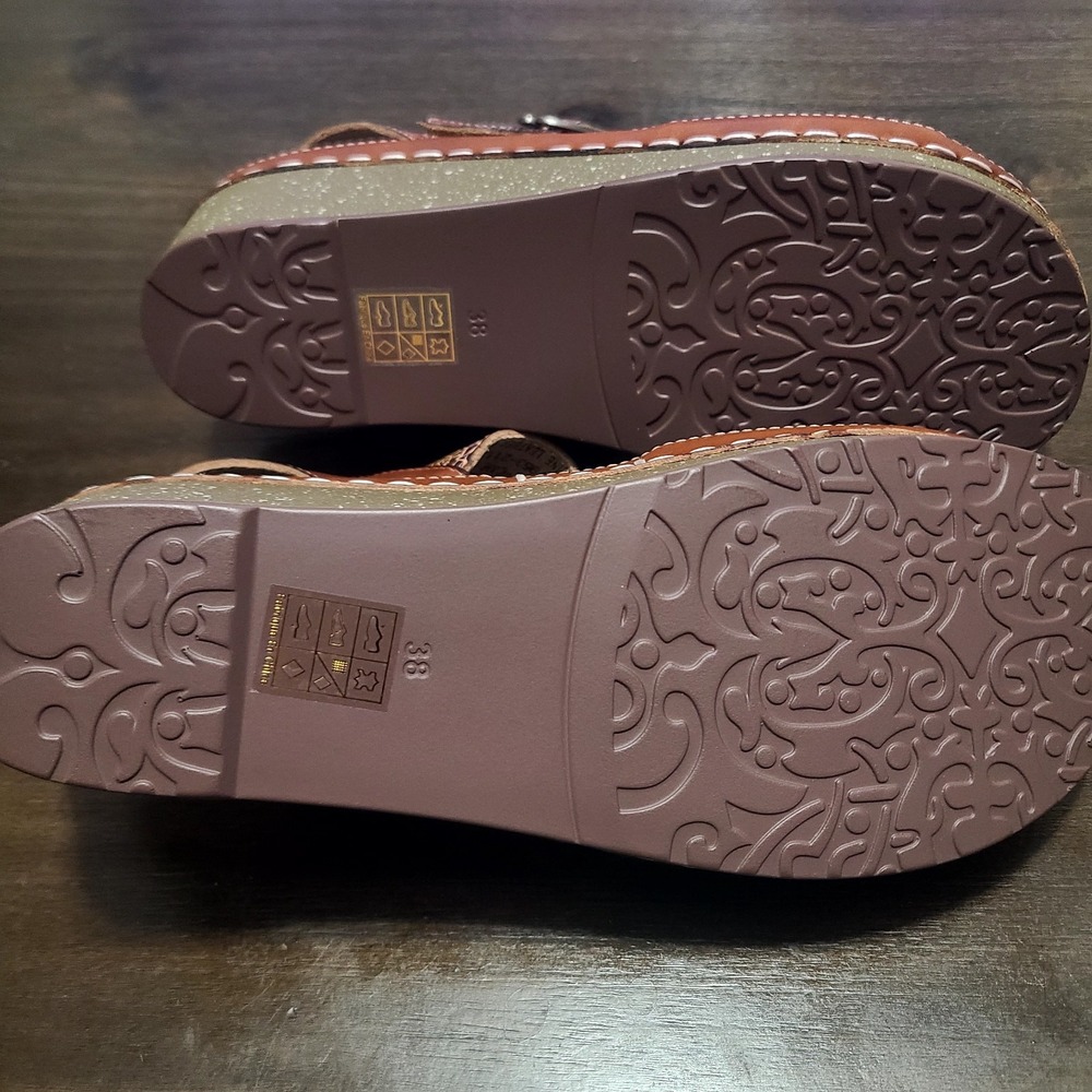 L'Artiste Spring Step Sandals Brown Floral Leather Wedge Roshni 38 Sz 7.5-8 - Picture 9 of 10